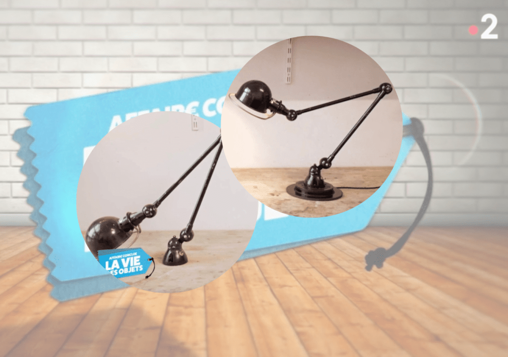 Voici l'image d'un avant/après d'une lampe Jielde que Sabine de Passion & Créations a posé sur un socle pour l'émission de télévision "La Vie des Objets" qui est diffusée sur France 2.