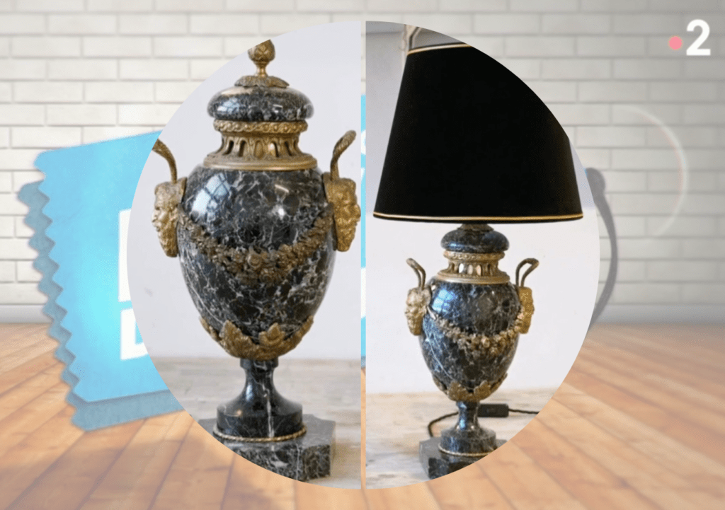 Cette image montre un avant/après de cassolettes en marbre que Sabine Pirat transforme en lampes et crée un abat-jour dans l'émission télévisée "La Vie des Objets" qui est diffusée sur France 2.