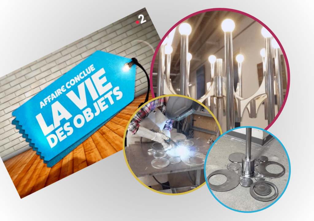 Cette image montre le logo de l'émission "la vie des objets" ainsi que 3 autres images. 1 du lustre, 1 autre du bas du pied réalisé pendant l'émission et 1 autre de Sabine en pleine réalisation d'un pied pour transformer un lustre en luminaire.