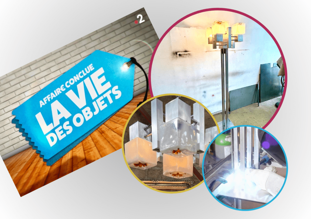 Cette image comprend le logo de l'émission affaire conclue-la vie des objets ainsi que d'une image du lustre avant, une autre après transformation et une dernière de Sabine en train de souder le futur pied du luminaire.