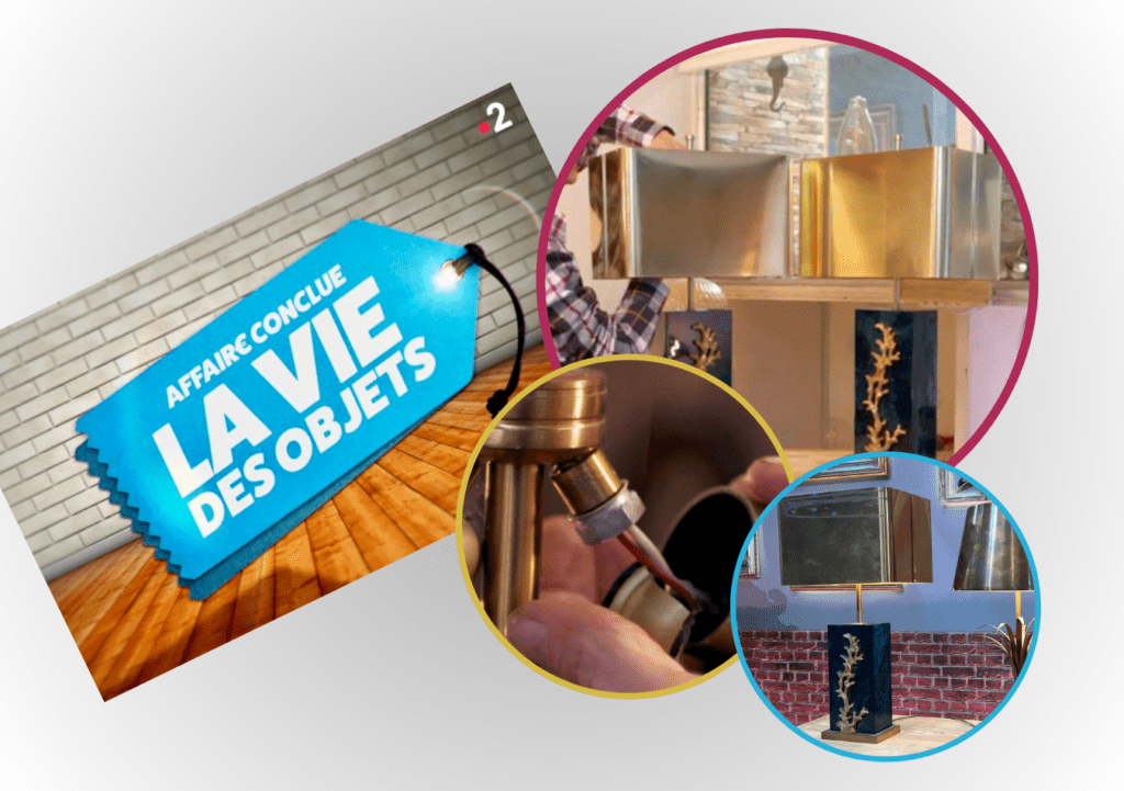 Cette image montre le logo de l'émission télévisée "La Vie des Objets" ainsi que 3 photos de la restauration de lampes Charles. 1 des lampes restaurées, 1 d'un détail de la douille et 1 autre d'une lampe avant la remise en état.